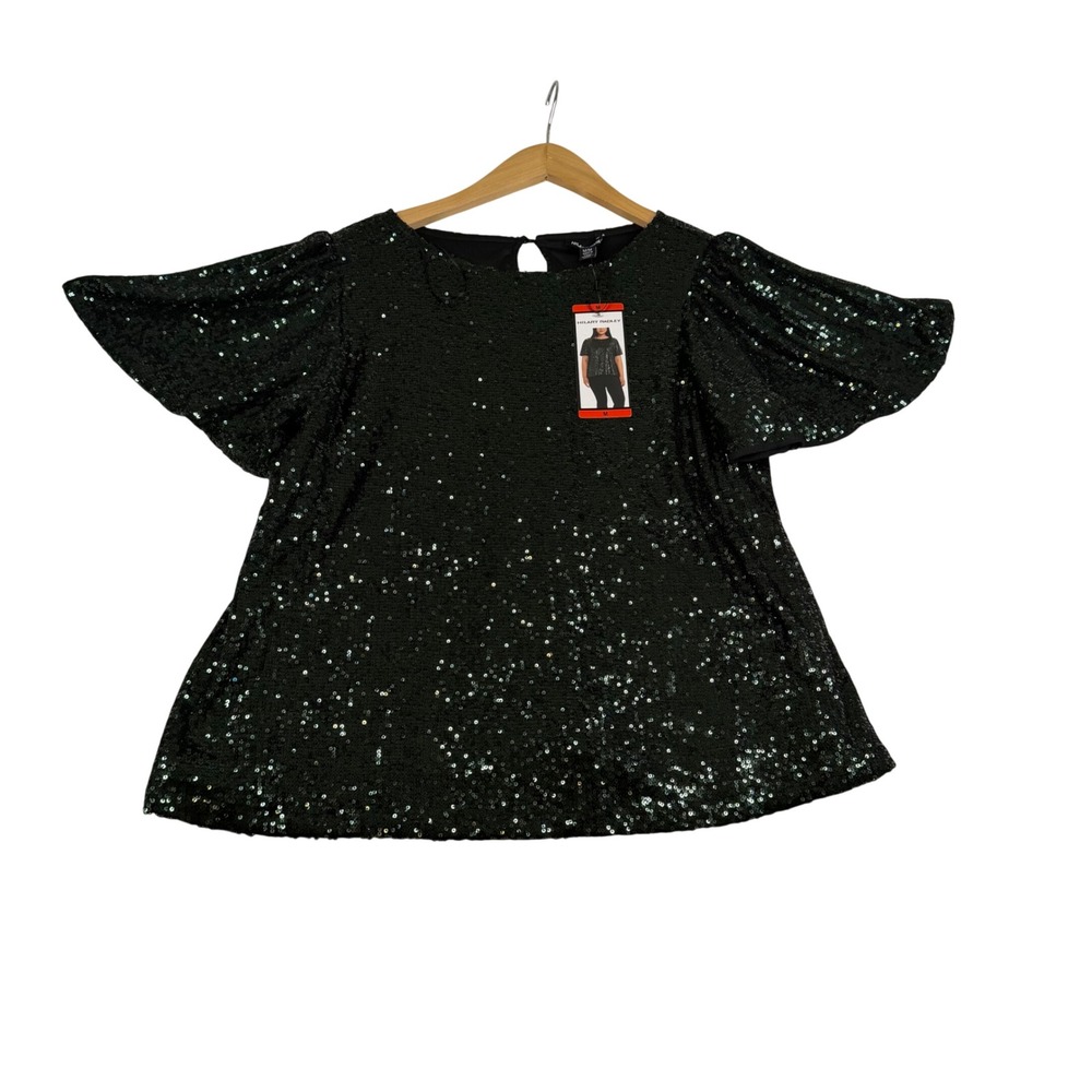 Hilary Radley Womens Sequin Flutter Sleeve Top Dark Green Holiday Party Blouse M